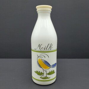 Egizia White Milk Glass Milk Bottle with Bird 1 Quart Milk Container Plastic Lid